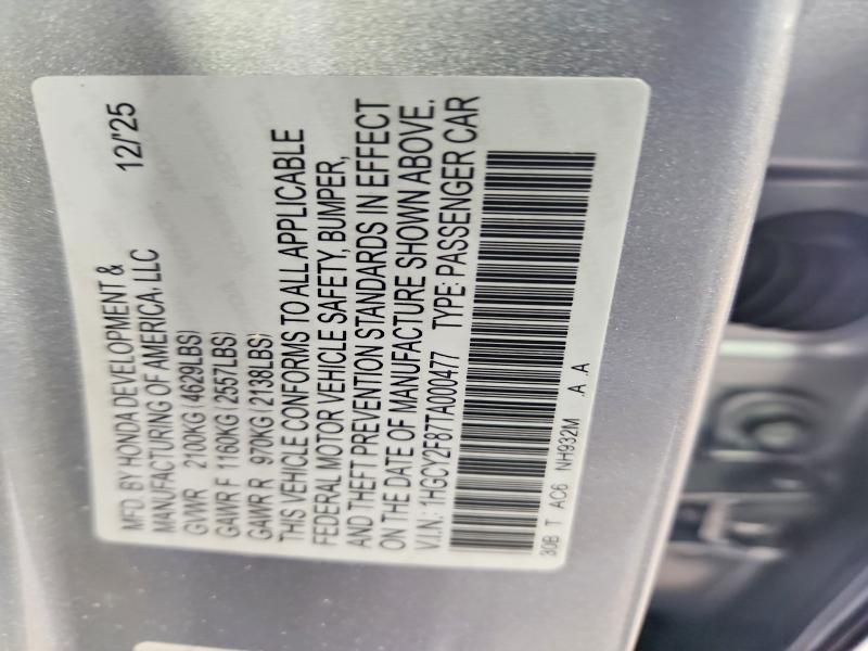 2026 Honda Accord მანქანა იყიდება აუქციონზე, vin: 1HGCY2F87TA000477, აუქციონის ნომერი: 62294726