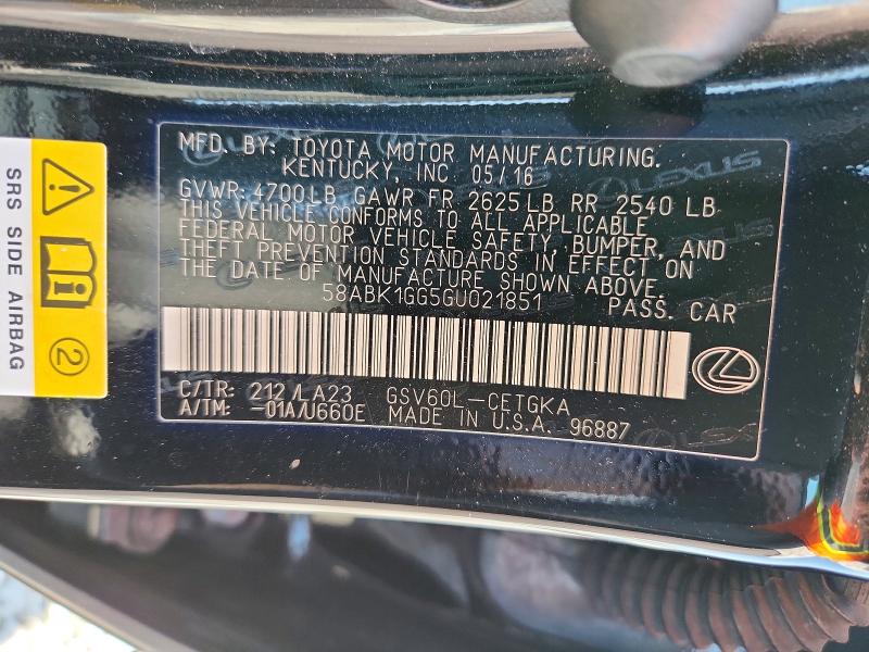 Aukcja sprzedaży 2016 Lexus Es, vin: 58ABK1GG5GU021851, numer aukcji: 63212306