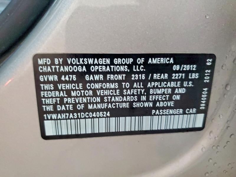 Продаж на аукціоні авто 2013 Volkswagen Passat, vin: 1VWAH7A31DC040524, номер лоту: 62032216