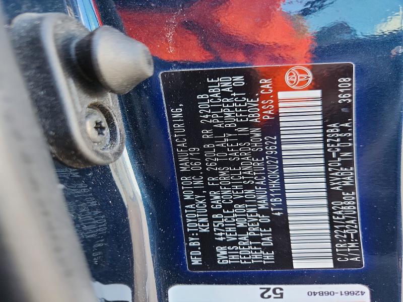 2019 Toyota Camry მანქანა იყიდება აუქციონზე, vin: 4T1B11HK0KU279622, აუქციონის ნომერი: 62333596