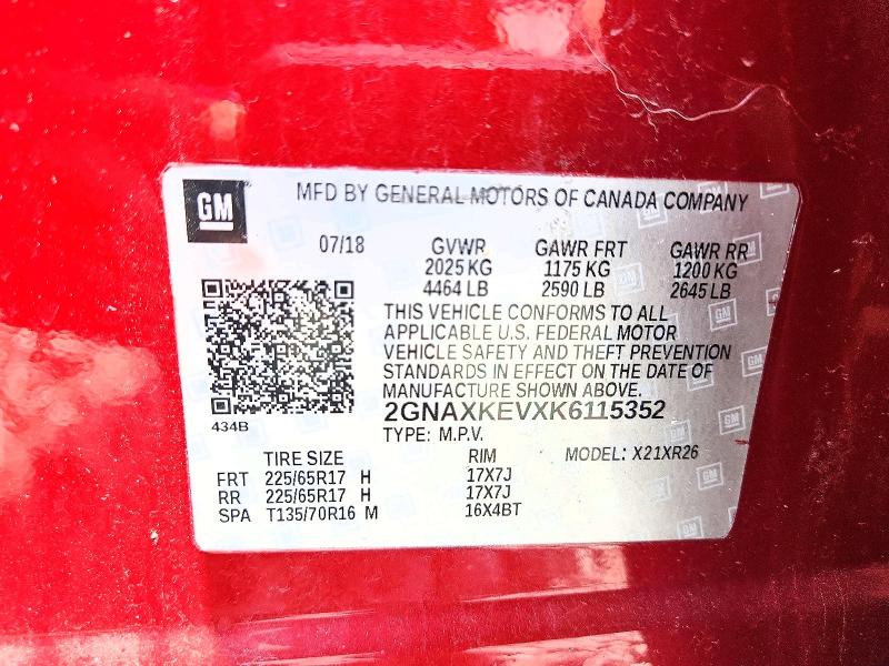 2019 Chevrolet Equinox მანქანა იყიდება აუქციონზე, vin: 2GNAXKEVXK6115352, აუქციონის ნომერი: 59314966