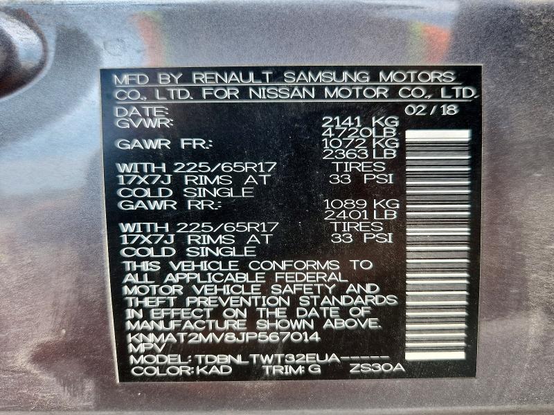 2018 Nissan Rogue მანქანა იყიდება აუქციონზე, vin: KNMAT2MV8JP567014, აუქციონის ნომერი: 60620846