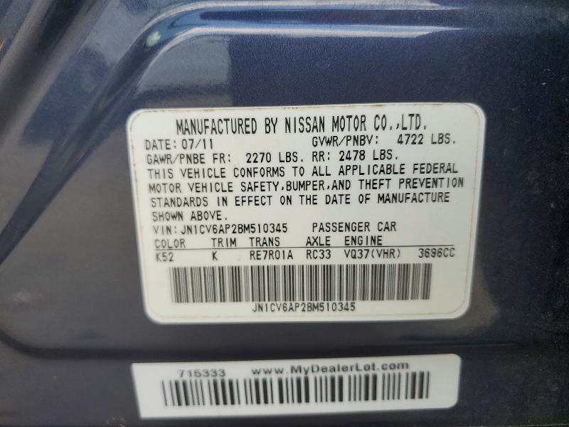 2011 Infiniti G37 Sedan მანქანა იყიდება აუქციონზე, vin: JN1CV6AP2BM510345, აუქციონის ნომერი: 63174476