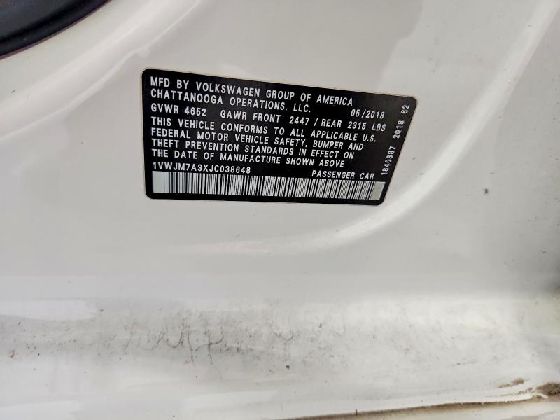 61727106 :رقم المزاد ، 1VWJM7A3XJC038648 vin ، 2018 Volkswagen Passat مزاد بيع
