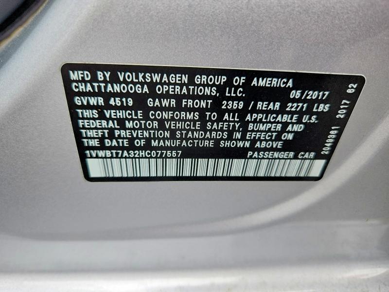 2017 Volkswagen Passat მანქანა იყიდება აუქციონზე, vin: 1VWBT7A32HC077557, აუქციონის ნომერი: 59195296
