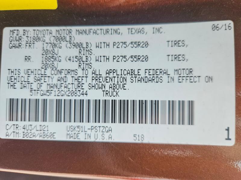 85968125 :رقم المزاد ، 5TFGW5F12GX208344 vin ، 2016 Toyota Tundra مزاد بيع