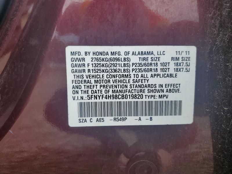59690906 :رقم المزاد ، 5FNYF4H98CB019820 vin ، 2012 Honda Pilot مزاد بيع