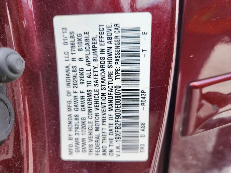 Продаж на аукціоні авто 2013 Honda Civic, vin: 19XFB2F90DE008070, номер лоту: 62772386