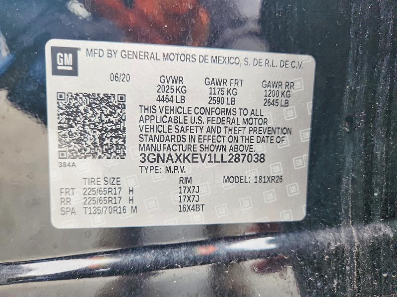 2020 Chevrolet Equinox მანქანა იყიდება აუქციონზე, vin: 3GNAXKEV1LL287038, აუქციონის ნომერი: 60878126
