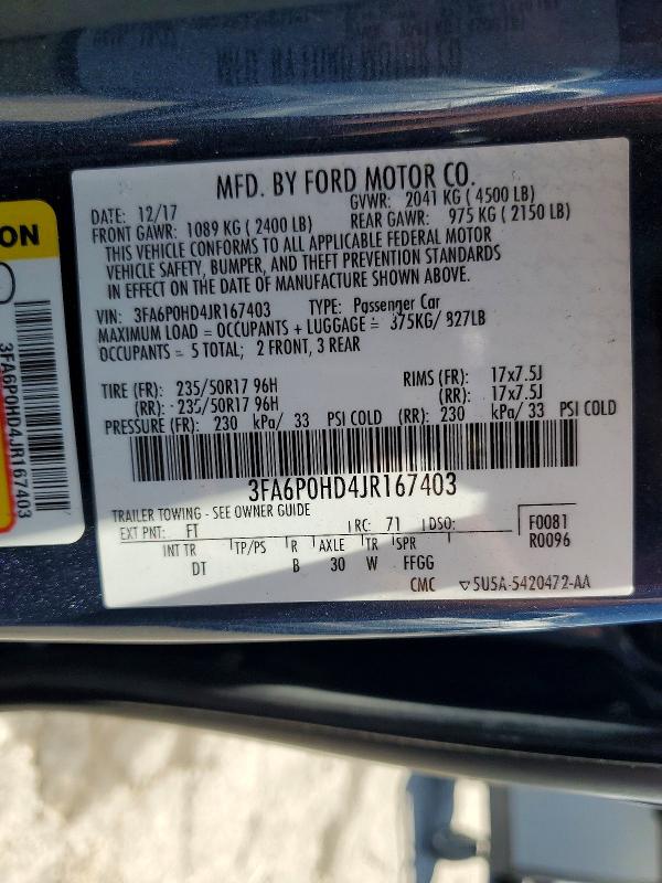 Продаж на аукціоні авто 2018 Ford Fusion, vin: 3FA6P0HD4JR167403, номер лоту: 60817236