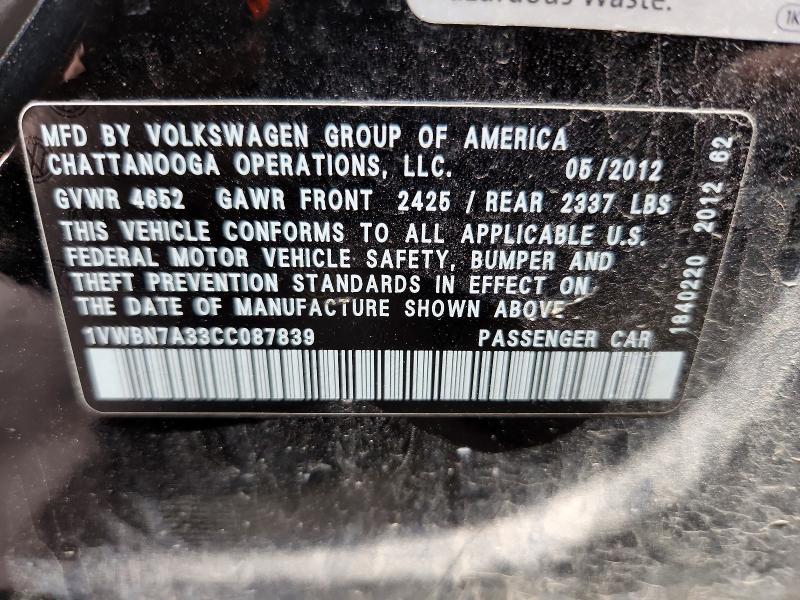 2012 Volkswagen Passat მანქანა იყიდება აუქციონზე, vin: 1VWBN7A33CC087839, აუქციონის ნომერი: 85965275