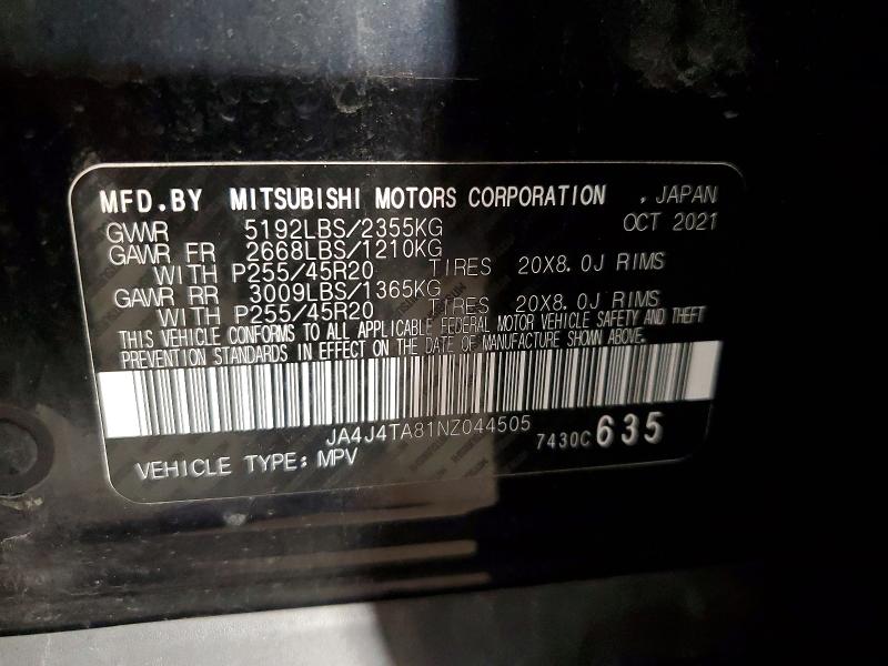 60821026 :رقم المزاد ، JA4J4TA81NZ044505 vin ، 2022 Mitsubishi Outlander مزاد بيع