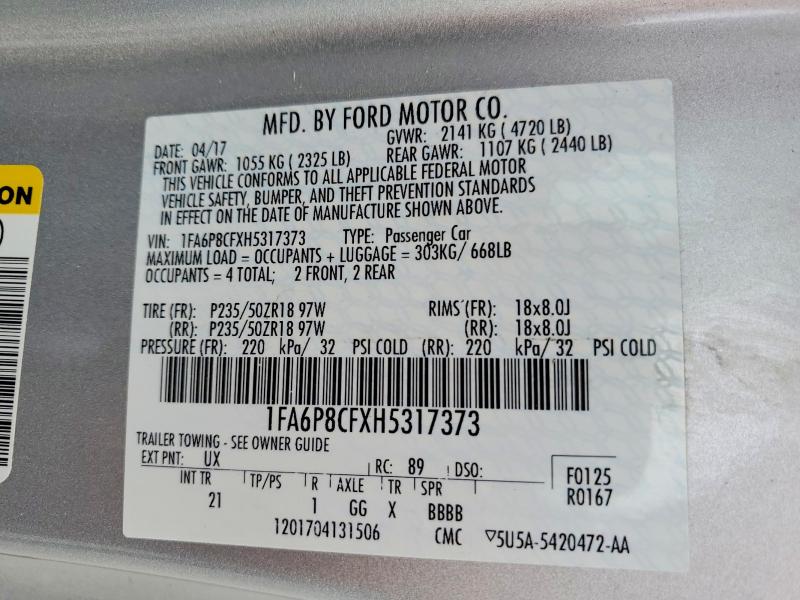 2017 Ford Mustang მანქანა იყიდება აუქციონზე, vin: 1FA6P8CFXH5317373, აუქციონის ნომერი: 62251836