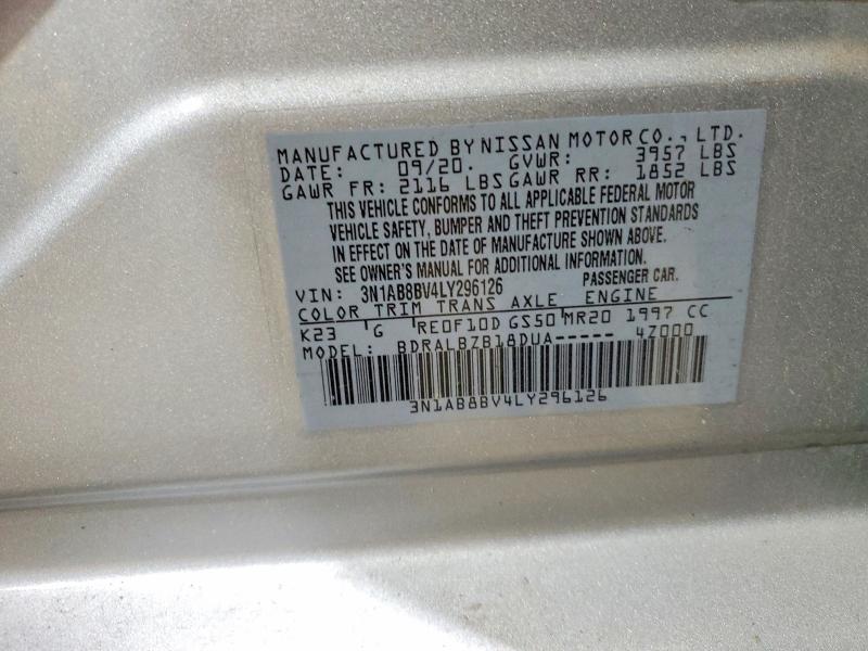 2020 Nissan Sentra მანქანა იყიდება აუქციონზე, vin: 3N1AB8BV4LY296126, აუქციონის ნომერი: 60854256