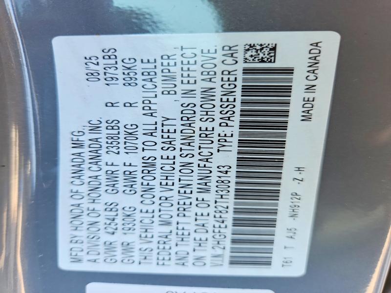 Продажа на аукционе авто 2026 Honda Civic, vin: 2HGFE4F82TH308143, номер лота: 60656726