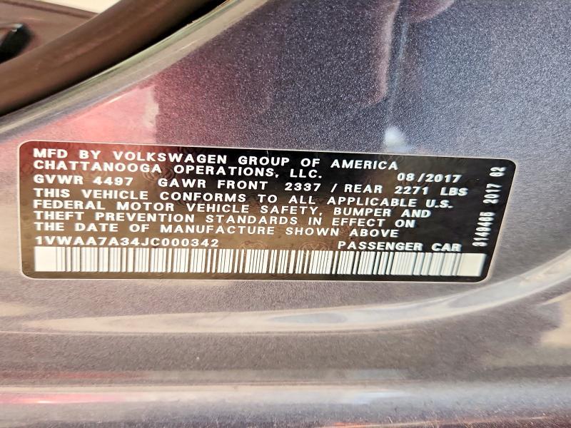 Aukcja sprzedaży 2018 Volkswagen Passat, vin: 1VWAA7A34JC000342, numer aukcji: 63499696
