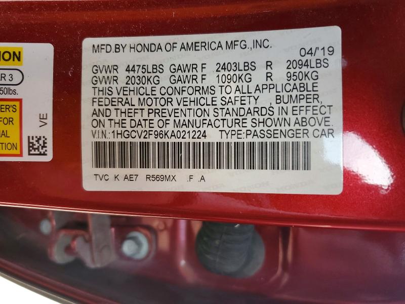 Aukcja sprzedaży 2019 Honda Accord, vin: 1HGCV2F96KA021224, numer aukcji: 62579976