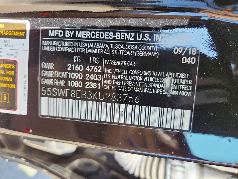 2019 Mercedes-benz C მანქანა იყიდება აუქციონზე, vin: 55SWF8EB3KU283756, აუქციონის ნომერი: 62297626