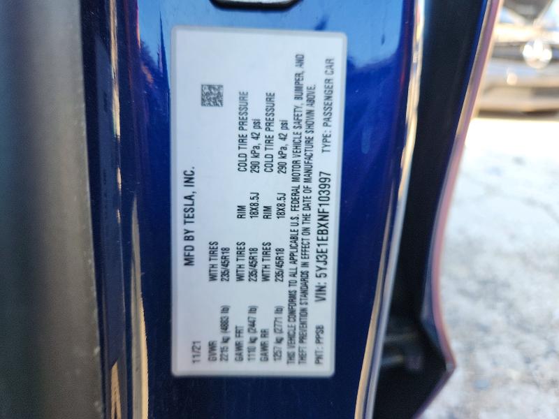 2022 Tesla Model 3 მანქანა იყიდება აუქციონზე, vin: 5YJ3E1EBXNF103997, აუქციონის ნომერი: 60592326