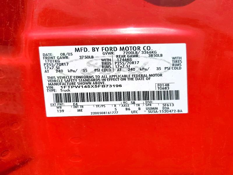 2005 Ford F-150 მანქანა იყიდება აუქციონზე, vin: 1FTPW145X5FB73196, აუქციონის ნომერი: 61905716