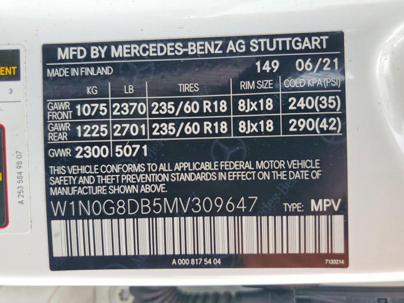 Продажа на аукционе авто 2021 Mercedes-benz Glc, vin: W1N0G8DB5MV309647, номер лота: 62653936