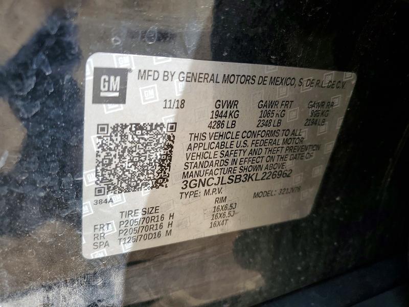 2019 Chevrolet Trax მანქანა იყიდება აუქციონზე, vin: 3GNCJLSB3KL226962, აუქციონის ნომერი: 60810856