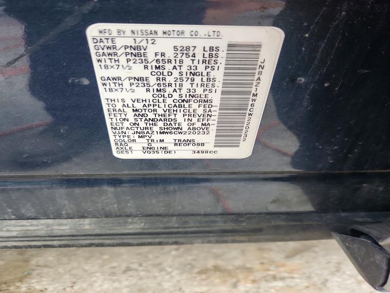 2012 Nissan Murano მანქანა იყიდება აუქციონზე, vin: JN8AZ1MW6CW220232, აუქციონის ნომერი: 57999756