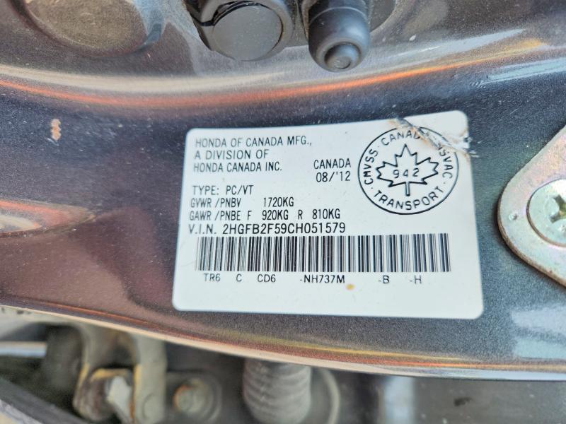 61915156 :رقم المزاد ، 2HGFB2F59CH051579 vin ، 2012 Honda Civic مزاد بيع