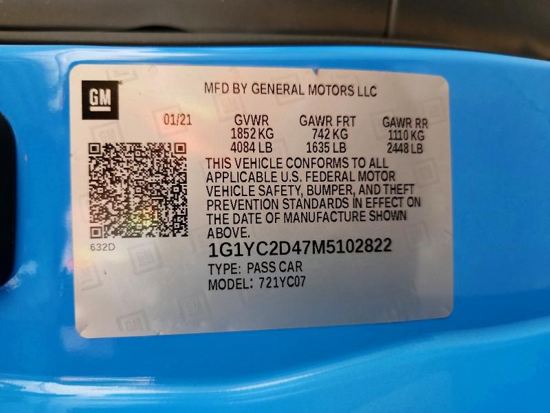 Auction sale of the 2021 Chevrolet Corvette, vin: 1G1YC2D47M5102822, lot number: 61392086