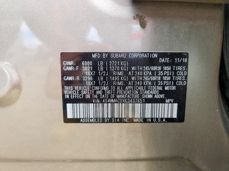 Продажа на аукционе авто 2019 Subaru Ascent, vin: 4S4WMACDXK3437651, номер лота: 60016646