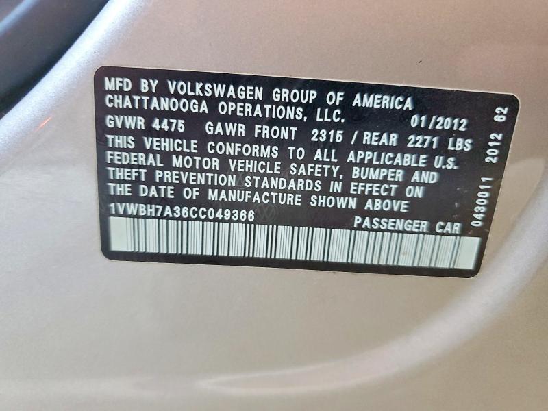 Продажа на аукционе авто 2012 Volkswagen Passat, vin: 1VWBH7A36CC049366, номер лота: 59594196