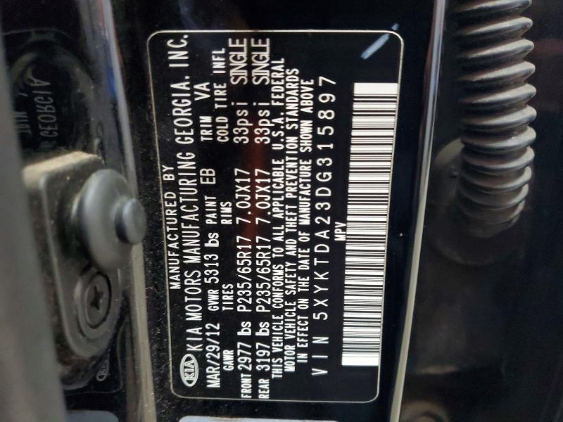 2013 Kia Sorento მანქანა იყიდება აუქციონზე, vin: 5XYKTDA23DG315897, აუქციონის ნომერი: 60980446