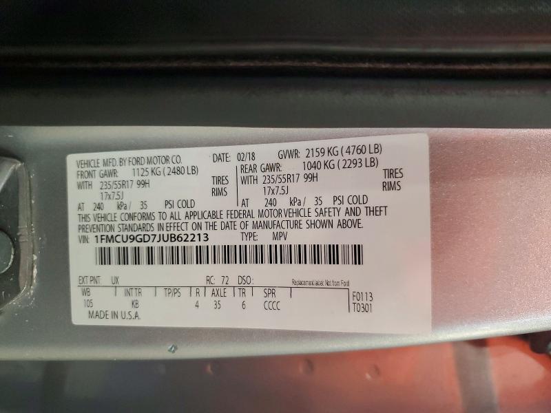 59399666 :رقم المزاد ، 1FMCU9GD7JUB62213 vin ، 2018 Ford Escape مزاد بيع