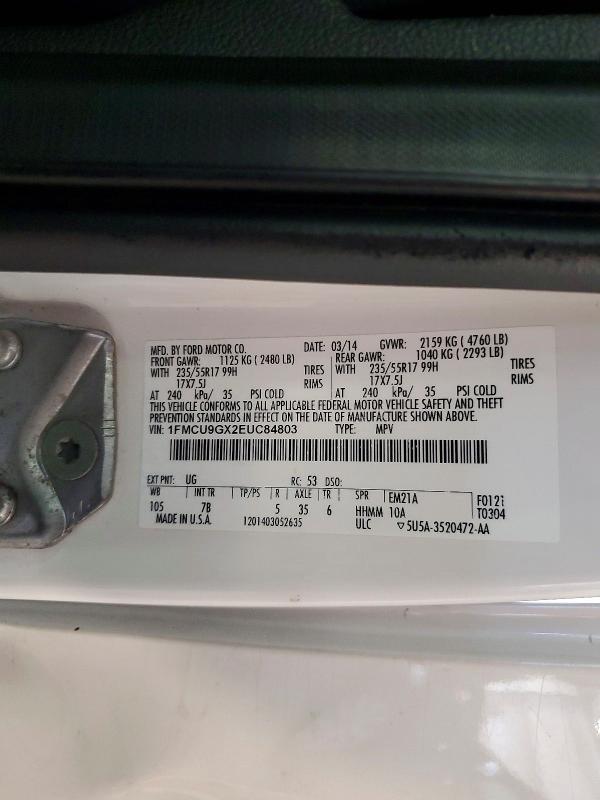 2014 Ford Escape მანქანა იყიდება აუქციონზე, vin: 1FMCU9GX2EUC84803, აუქციონის ნომერი: 60328496