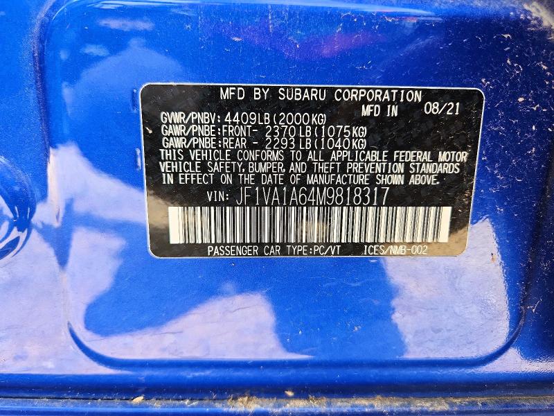 Aukcja sprzedaży 2021 Subaru Wr-x, vin: JF1VA1A64M9818317, numer aukcji: 61240046