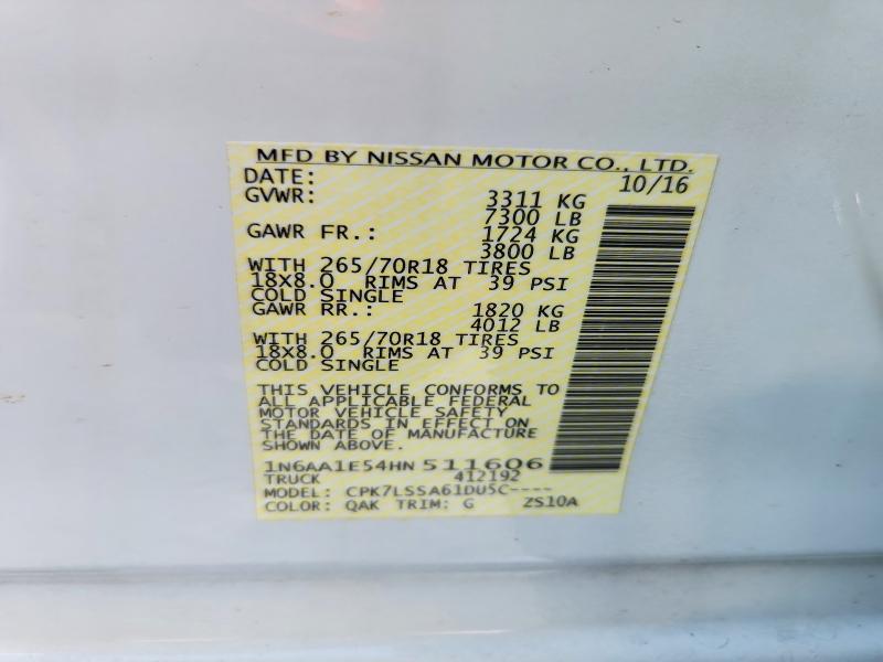 2017 Nissan Titan მანქანა იყიდება აუქციონზე, vin: 1N6AA1E54HN511606, აუქციონის ნომერი: 59393166