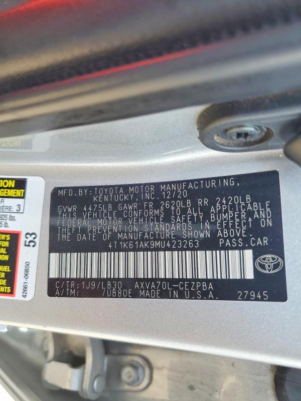 Продажа на аукционе авто 2021 Toyota Camry, vin: 4T1K61AK9MU423263, номер лота: 59181726