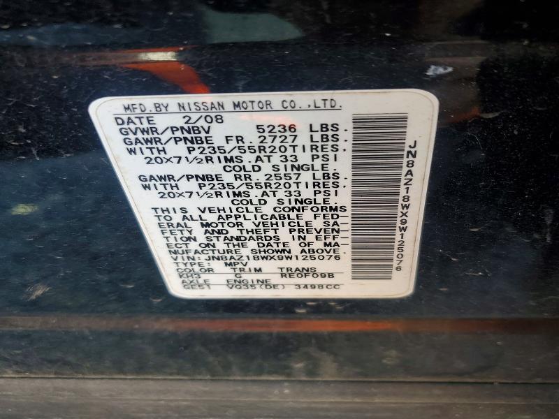 57357636 :رقم المزاد ، JN8AZ18WX9W125076 vin ، 2009 Nissan Murano مزاد بيع