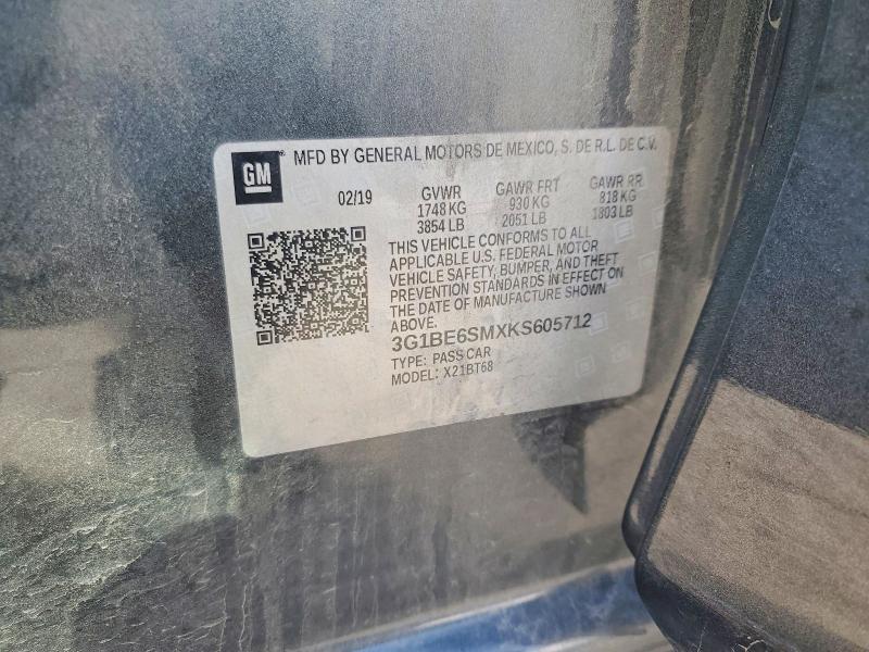 60748276 :رقم المزاد ، 3G1BE6SMXKS605712 vin ، 2019 Chevrolet Cruze مزاد بيع