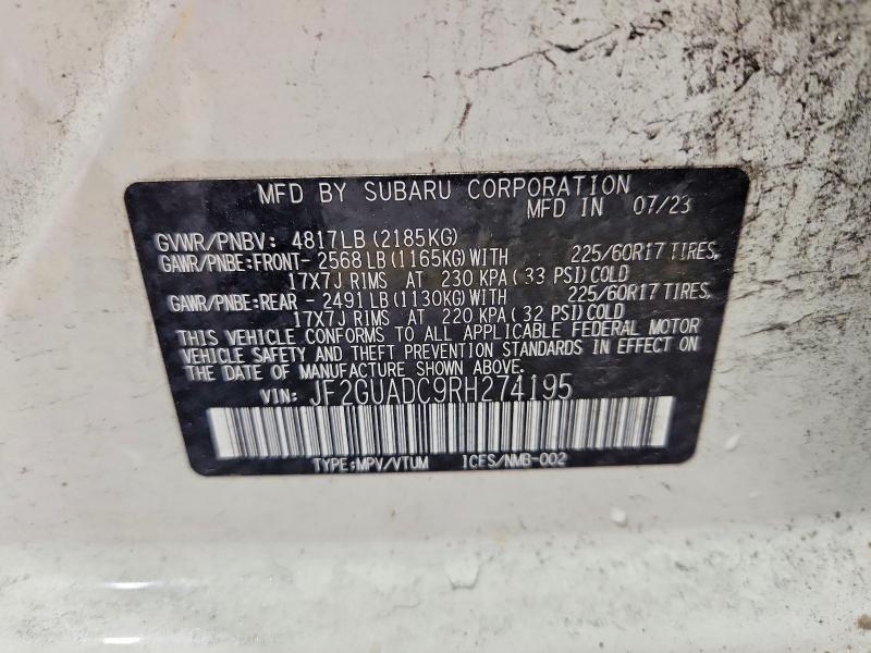 Aukcja sprzedaży 2024 Subaru Crosstrek, vin: JF2GUADC9RH274195, numer aukcji: 61621226