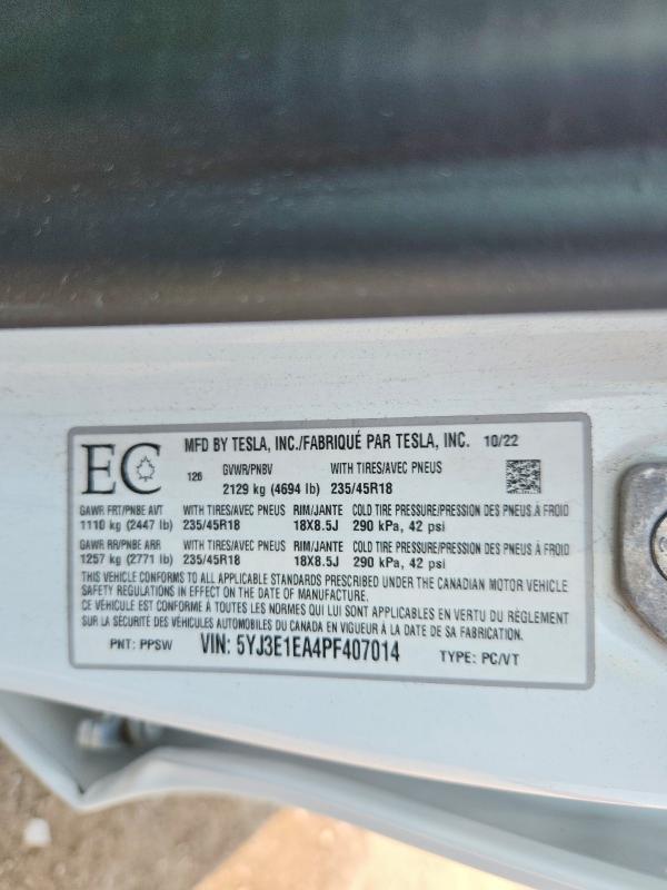Aukcja sprzedaży 2023 Tesla Model 3, vin: 5YJ3E1EA4PF407014, numer aukcji: 57153296