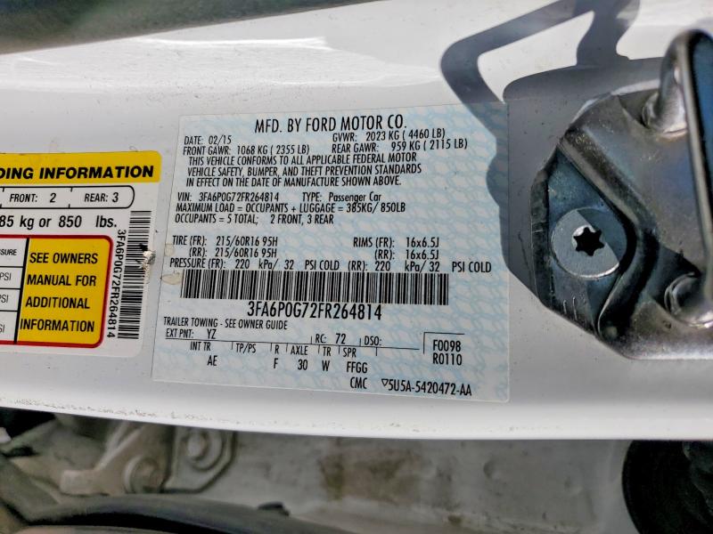 2015 Ford Fusion მანქანა იყიდება აუქციონზე, vin: 3FA6P0G72FR264814, აუქციონის ნომერი: 59908086