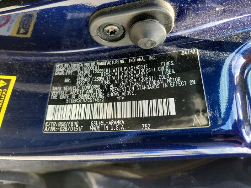 61890966 :رقم المزاد ، 5TDBK3EH7CS145721 vin ، 2012 Toyota Highlander مزاد بيع