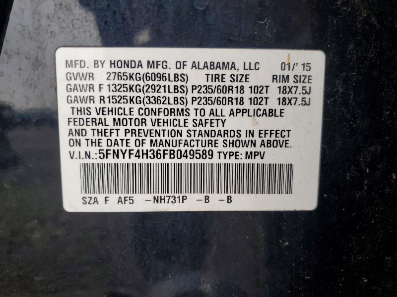 Продаж на аукціоні авто 2015 Honda Pilot, vin: 5FNYF4H36FB049589, номер лоту: 62834946