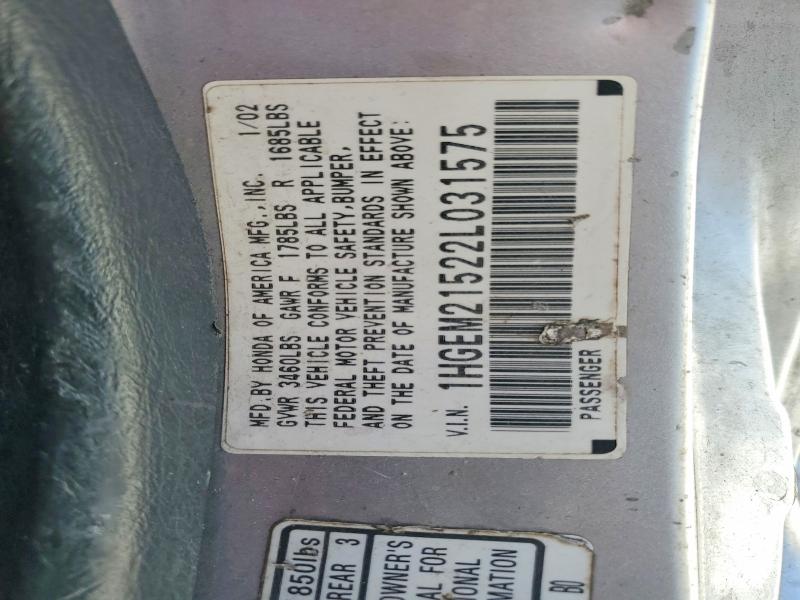 2002 Honda Civic მანქანა იყიდება აუქციონზე, vin: 1HGEM21522L031575, აუქციონის ნომერი: 61179836
