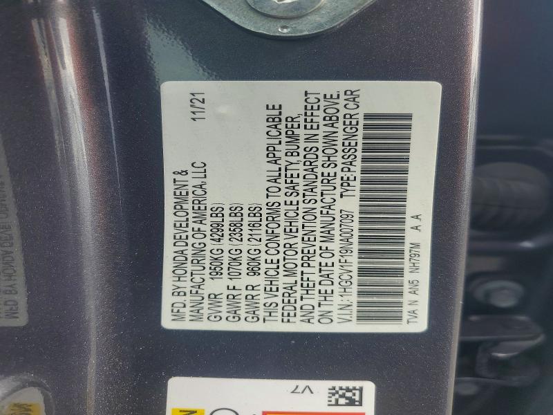 Продаж на аукціоні авто 2022 Honda Accord, vin: 1HGCV1F19NA007097, номер лоту: 61918056