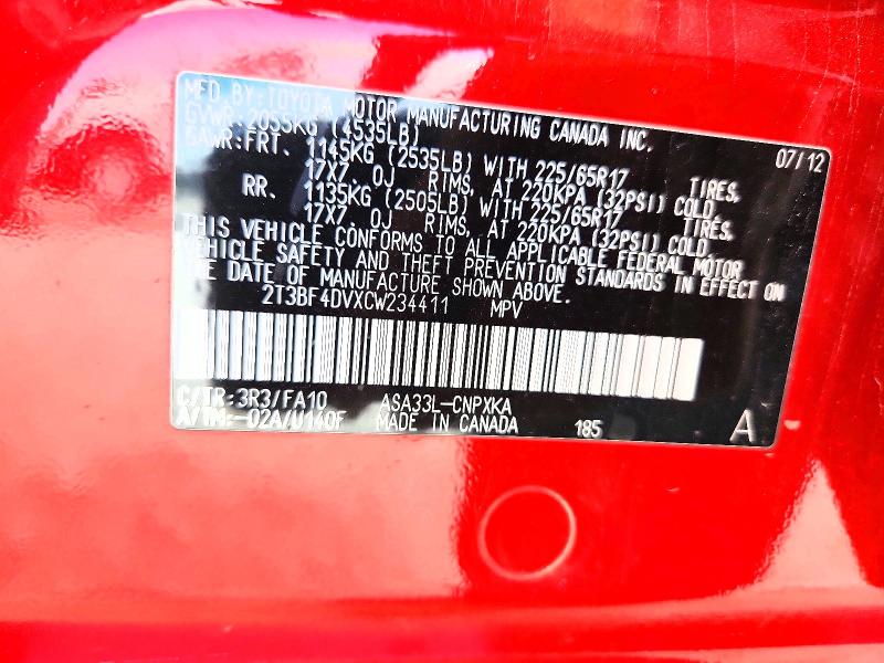 Aukcja sprzedaży 2012 Toyota Rav4, vin: 2T3BF4DVXCW234411, numer aukcji: 62588746