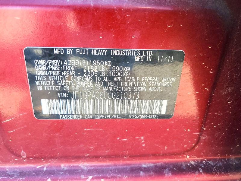Aukcja sprzedaży 2012 Subaru Impreza, vin: JF1GPAC60CG210373, numer aukcji: 61347646