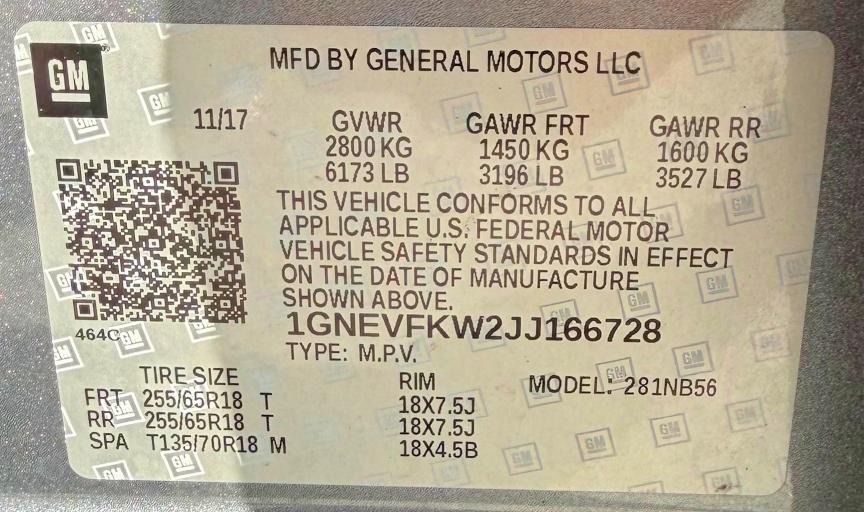 2018 Chevrolet Traverse მანქანა იყიდება აუქციონზე, vin: 1GNEVFKW2JJ166728, აუქციონის ნომერი: 61288656