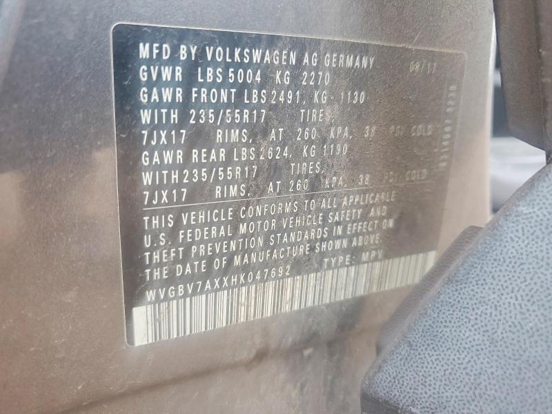 59390766 :رقم المزاد ، WVGBV7AXXHK047692 vin ، 2017 Volkswagen Tiguan مزاد بيع